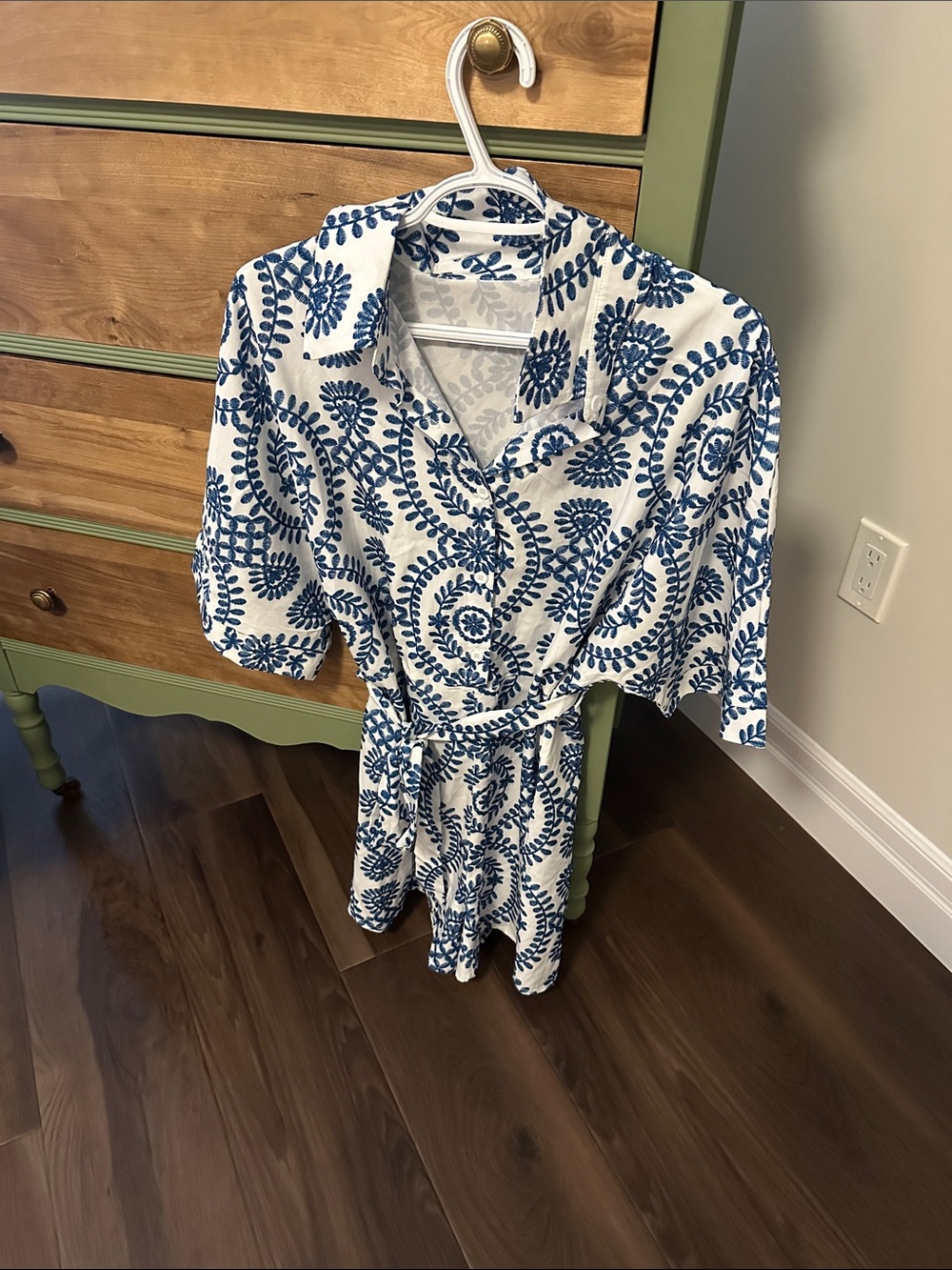 Blue and White Floral Shirt jumper with Tie Waist